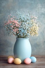 Fototapeta premium Pastel bouquet of baby's breath in a pale blue vase, with pastel-colored eggs on a wooden table. Concept Pastel Floral Arrangement, Baby's Breath Bouquet, Pale Blue Vase, Pastel Easter Eggs