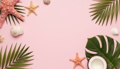 Top View of Vibrant Beach themed Summer Collection with Starfish, Shells, and Tropical Leaves on Pink Background
