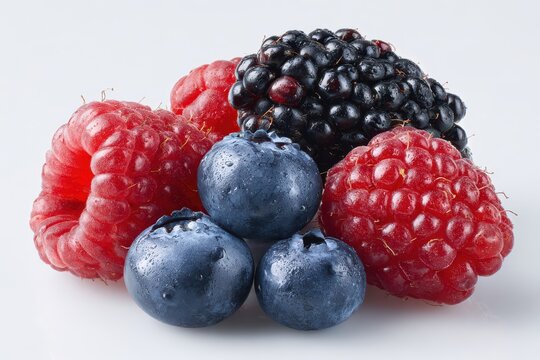 Assorted berries still life: ripe raspberries, blackberries and blueberries on a bright white surface - Powered by Adobe