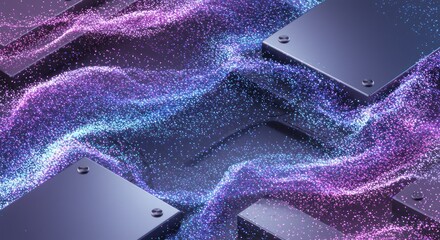 A futuristic scene with metallic squares on a purple and blue particle background