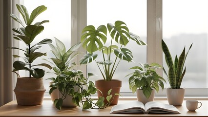 Fototapeta premium Indoor Houseplants for Clean Air — Biophilic Wellness & Sustainable Lifestyle Editorial Scene 
