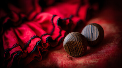 castanets. A pair of wooden castanets resting on the textured folds of a vibrant red Flamenco skirt. event programs, museum guides, designed for cultural heritage projects and event programs.