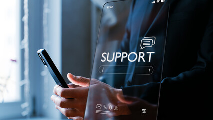 customer support and user assistance concept, help application interface on smartphone screen, real-time chat for sharing customer experiences and service automation