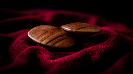 castanets. A pair of wooden castanets resting on the textured folds of a vibrant red Flamenco skirt. event programs, museum guides, designed for cultural heritage projects and event programs.