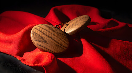 castanets. A pair of wooden castanets resting on the textured folds of a vibrant red Flamenco skirt. event programs, museum guides, designed for cultural heritage projects and event programs.