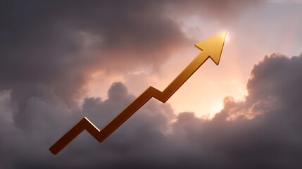 Golden arrow graph trending upwards through dramatic clouds at sunset representing financial growth business success and positive economic