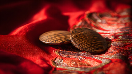 castanets. A pair of wooden castanets resting on the textured folds of a vibrant red Flamenco skirt. event programs, museum guides, designed for cultural heritage projects and event programs.