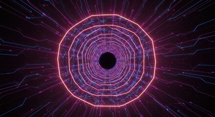 A vibrant, neon-lit circular design on a dark background with glowing lines