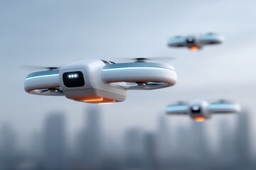 Fototapeta premium Sleek drones navigate urban skies, showcasing future of aerial t