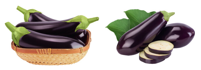 eggplant in a wicker basket isolated on white background with full depth of field