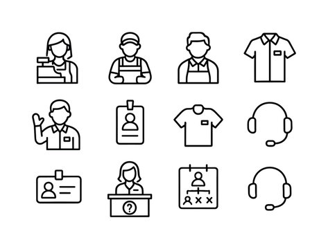 Store Icons Set. Store Employees. Line icon set of Store Employees: cashier, stocker, store manager, greeter icon, staff badge, uniform shirt, name tag, help