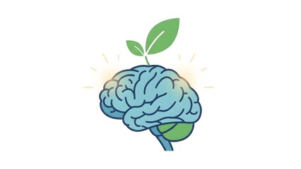 Brain growth and development illustrated with a healthy plant sprouting from the top, symbolizing new ideas and intellectual expansion