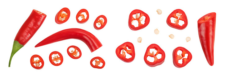 red hot chili pepper with slices isolated on white background. Top view. Flat lay.