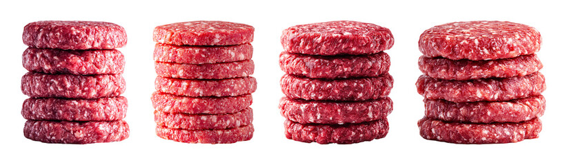 Raw beef burger patty stacks on white background PNG set with isolated on transparent background