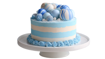 blue and white striped birthday cake with chocolate spheres and buttercream frosting decoration on white background