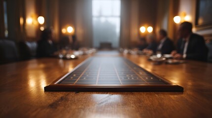A long polished wooden boardroom table with indistinct figures of people in the background set in a dim atmospheric room