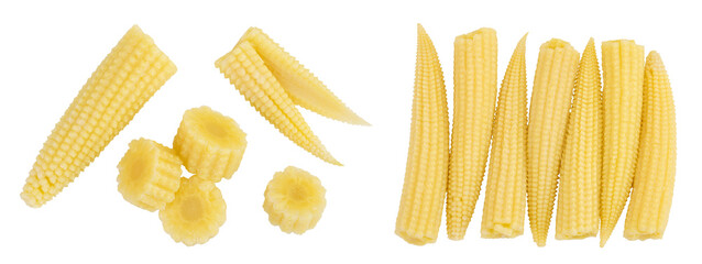 Pickled young baby corn cobs isolated on white background. Top view. Flat lay