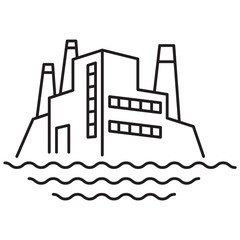 Flooded industrial estates.Climate change disaster.Rising sea levels. Gloomy weather.Environmental damage, pollution.Building outline.