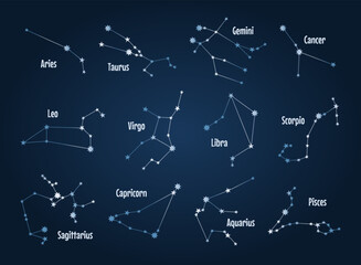 Set of zodiac constellation blue sign. Astrology vector illustration