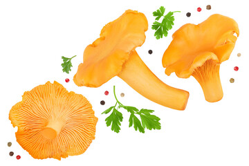 Chanterelle mushroom isolated on a white background. Top view. Flat lay