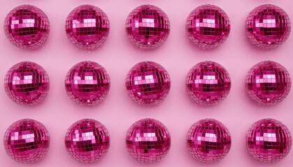 Pink disco mirror balls arranged in a grid pattern on a matching pink background, creating a vibrant retro party aesthetic for celebration and entertainment