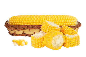 ear of corn in a wicker basket isolated on a white background with full depth of field