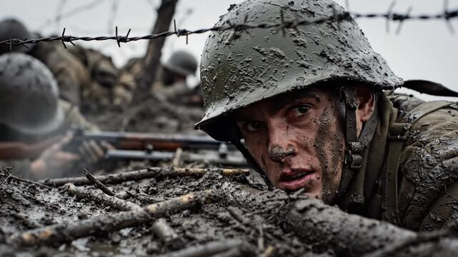 Soldier in a muddy trench, wearing a helmet, gazing intensely through barbed wire on a rainy day