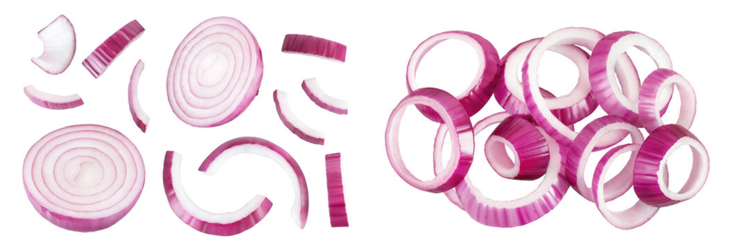 Red onion slices isolated on a white background. Top view. Flat lay