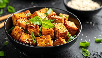 Pan-fried tofu cubes in bowl