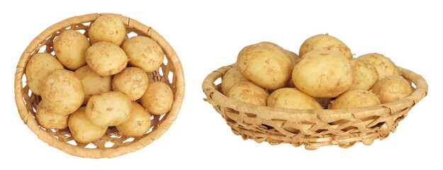 young potato slices in a wicker basket isolated on white background. Harvest new. Top view. Flat lay.