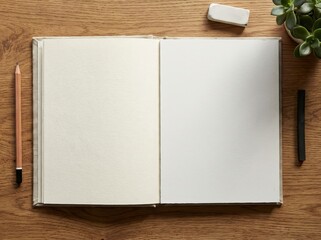 Open blank notebook with blank pages on wooden table