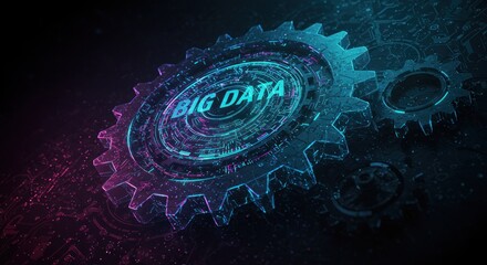 A futuristic digital illustration of glowing blue gears on a dark background