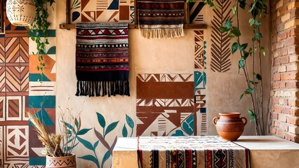 Cozy bohemian interior with vibrant textiles and plants