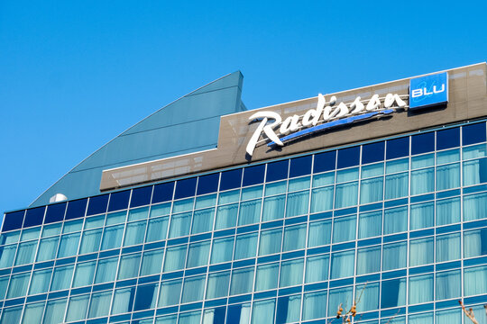 modern Radisson Blu hotel building, travel hospitality, sleek glass facade and iconic blue logo in Frankfurt - January, 19, 2025