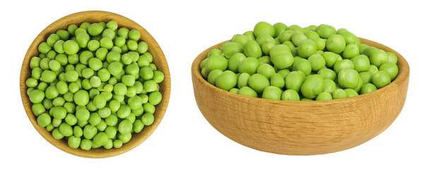 Fresh green peas in wooden bowl isolated on white background. Top view. Flat lay