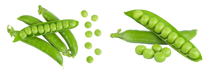 Fresh green pea pod with beans isolated on white background. Top view. Flat lay