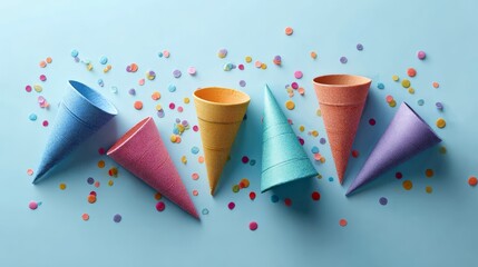 Empty ice cream cones arranged with colorful confetti on a light blue background, creating a festive flat lay composition for celebrations and happy occasions