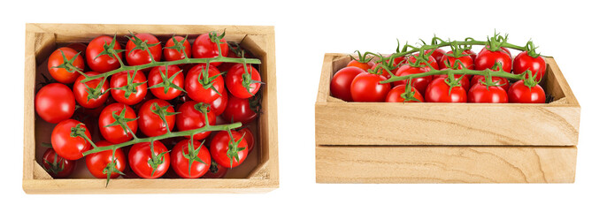 Cherry tomato bunch in a wooden box isolated on white background. Top view. Flat lay