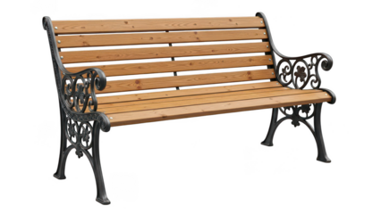Classic wooden park bench with black wrought iron frame, outdoor furniture, clean cut-out