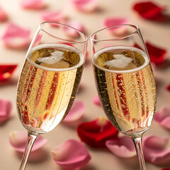 Two champagne flutes clinking together, filled with sparkling golden liquid, set against a background of scattered pink and red rose petals, symbolizing celebration and romance.