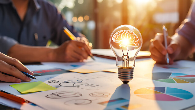 creative brainstorming session with light bulb idea and people planning high quality professional