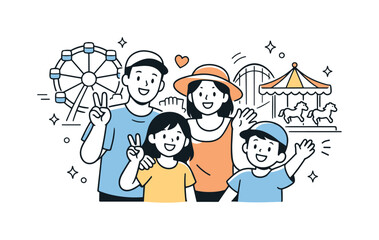 Fototapeta premium Amusement Park Memories. Family in amusement park memories. Family taking photos together with attractions behind them, joyful poses and light gestures.