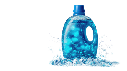 Isolated transparent plastic bottle of clean mineral water with a blue cap and a fresh liquid splash on a white background for health beverage or cosmetic hygiene object