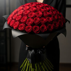 A stunning large bouquet of vibrant red roses wrapped in elegant black paper, held by a person in a black outfit.