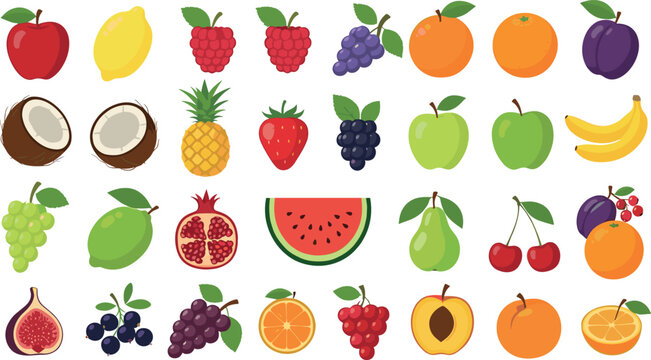 Fresh tropical and seasonal fruits illustration set with colorful healthy food icons, organic produce collection for nutrition, grocery design, and natural lifestyle flat vector artwork