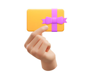 3d hand holds yellow gift card with purple bow. Gift certificate for promotion of goods for holidays, birthdays and discount coupon concept. Stock vector illustration on isolated background.
