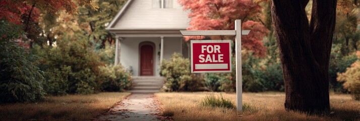 Red for sale sign standing in a front yard of a suburban family house, advertising residential property for real estate market sale or rent as colorful autumn leaves falling