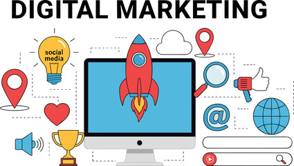 Digital marketing concept illustration with computer screen, startup rocket, social media icons, analytics tools, and online promotion elements in modern flat vector style