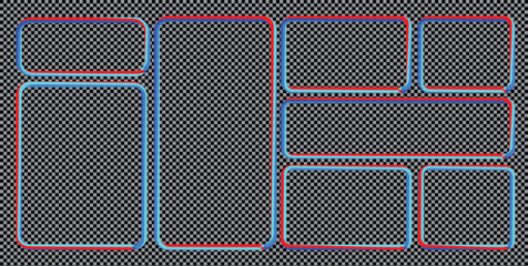 Dynamic arrangement of blue and red outlined rounded rectangles on a transparent checkerboard grid