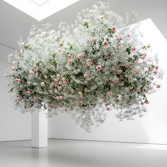 A large, ethereal floral arrangement of white baby's breath and pink roses suspended in a minimalist white gallery space.